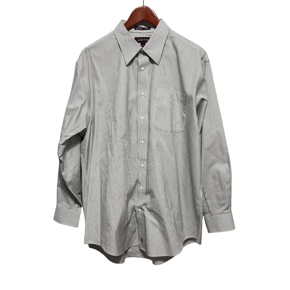 Nordstrom Men 16½ 34 White Gray Stripe SmartCare Wrinkle Free Dress Shirt Cotton